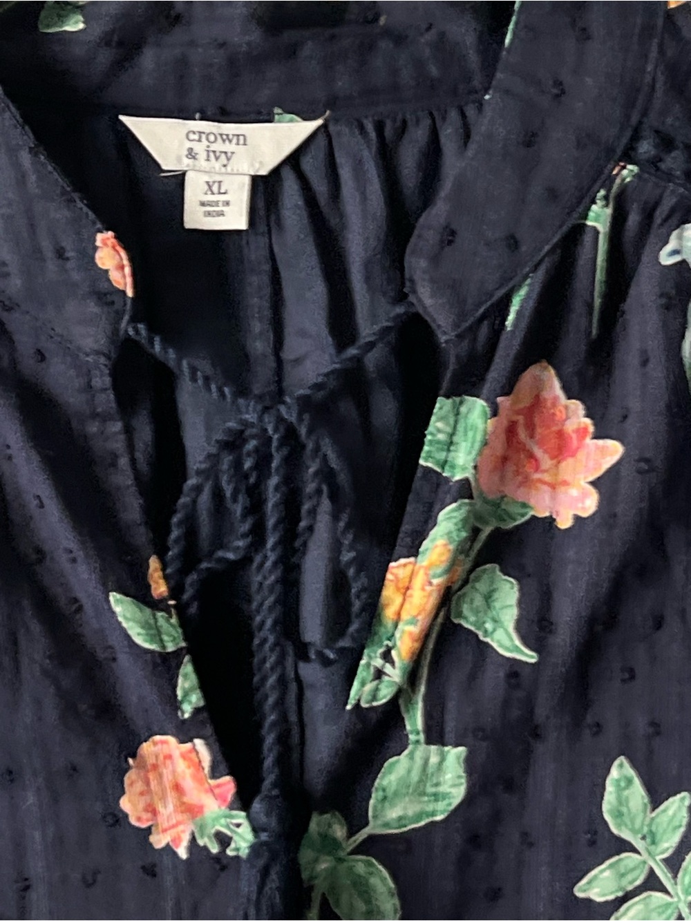 crown & ivy Navy Floral Tassel Tie-Neck Blouse, Size XL - Picture 5 of 11